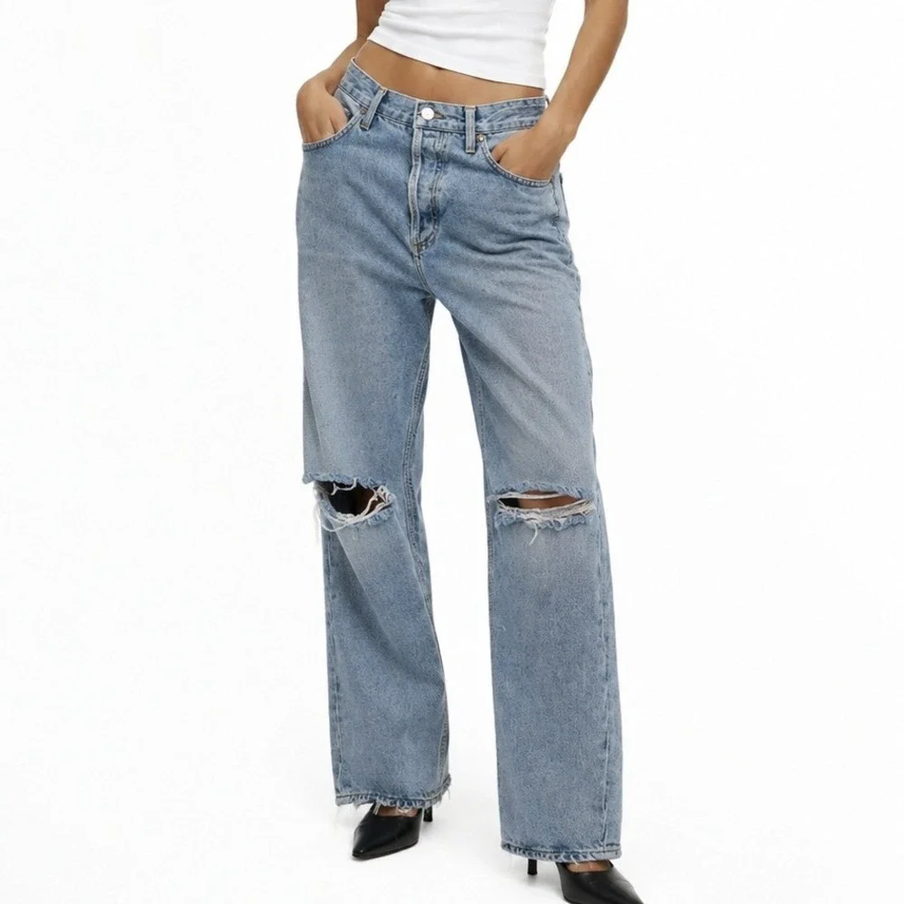 AGOLDE 90s‎ Pinch Waist High Rise Straight Leg Light Wash Distressed Jeans 25